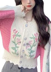 diy Beige Embroidered Hollow Out Button Fall Sweater