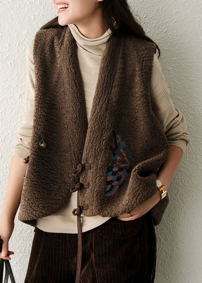 diy Chocolate Embroidered asymmetrical design Faux Fur Vest Sleeveless