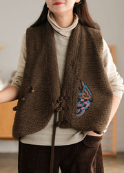 diy Chocolate Embroidered asymmetrical design Faux Fur Vest Sleeveless