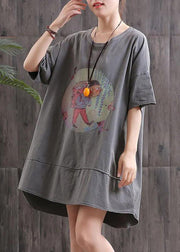 diy Grey O-Neck Print Asymmetrical Design Fall Dress Half Sleeve