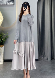 diy Grey Ruffled Patchwork Knit Dresses Winter