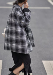 diy Notched double breast  wool coat black plaid short jackets - SooLinen