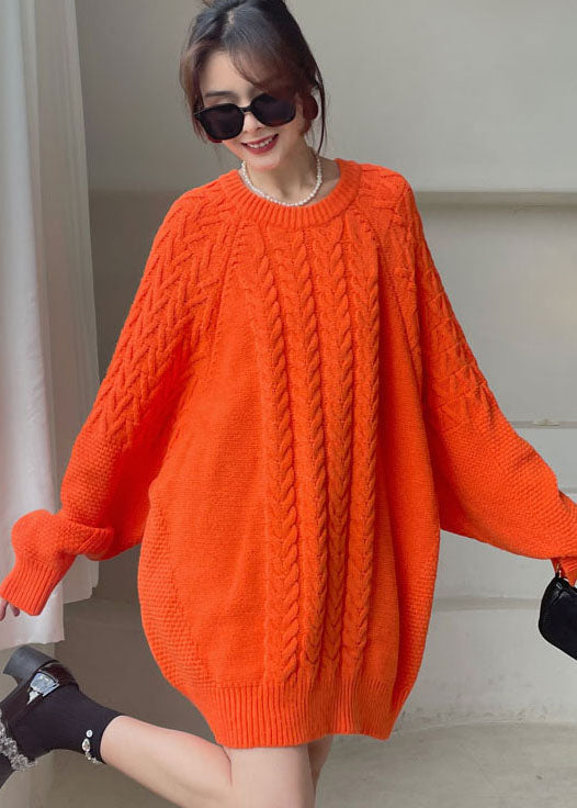 diy Orange O-Neck cozy Knitted Dress Winter