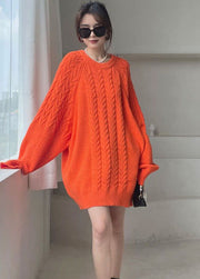 diy Orange O-Neck cozy Knitted Dress Winter
