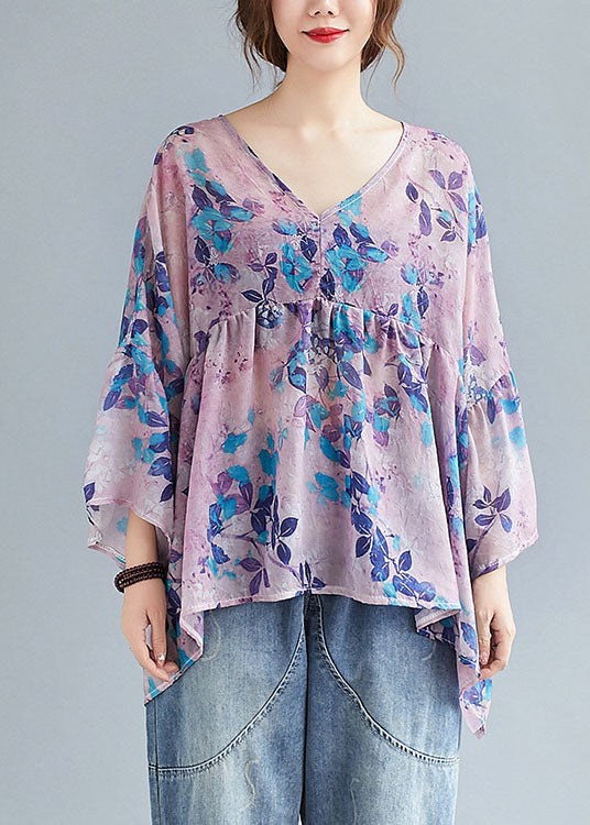 diy Purple Cute Print Loose Patchwork asymmetrical design Fall Blouses Half Sleeve