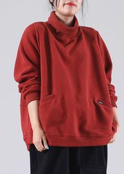 diy Red Turtle Neck Pockets Cotton Sweatshirt Street wear Winter