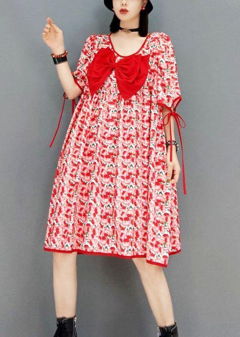 diy Red V Neck Print Half Sleeve Fall Dresses - SooLinen