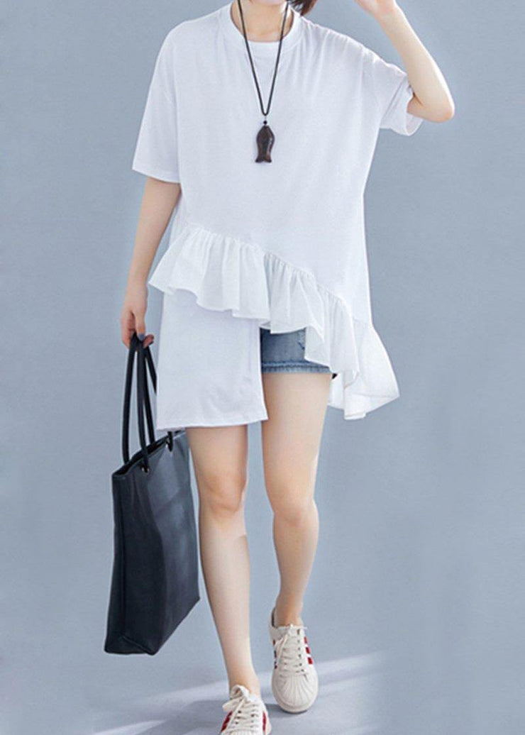 diy Ruffles asymmetric cotton Wardrobes white top summer - SooLinen