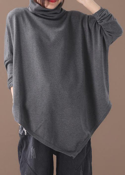 diy asymmetric hem cotton high neck shirts Work gray blouse - SooLinen