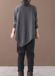 diy asymmetric hem cotton high neck shirts Work gray blouse - SooLinen