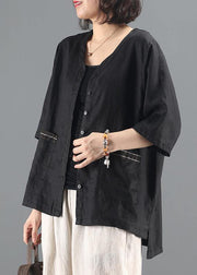 diy black coat women v neck pockets silhouette coat - SooLinen