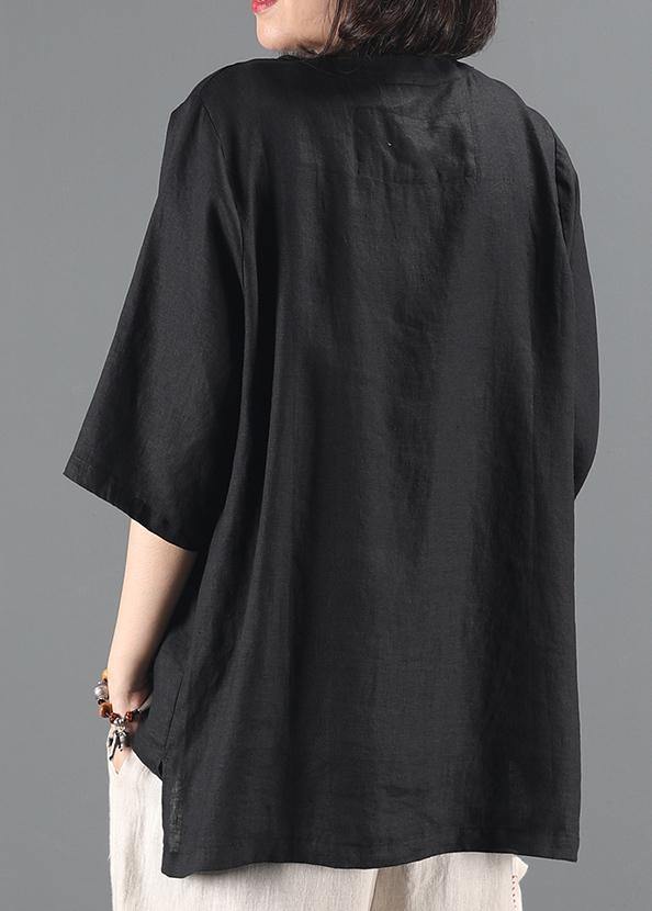 diy black coat women v neck pockets silhouette coat - SooLinen