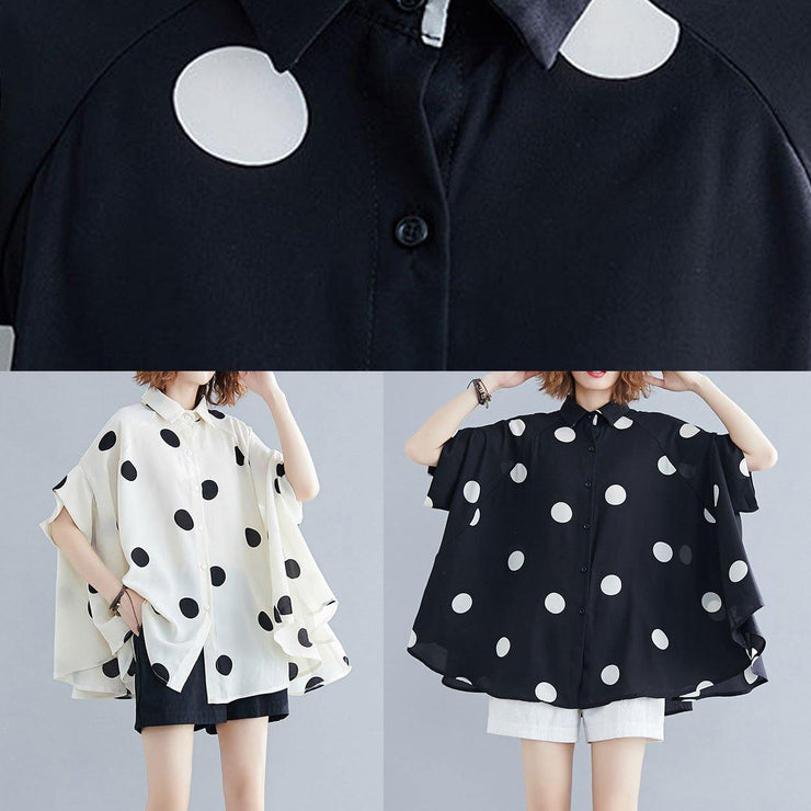 diy black dotted clothes For Women lapel Ruffles top - SooLinen