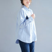 diy blue cotton linen tops women blouses Boho Sewing prints box spring blouses