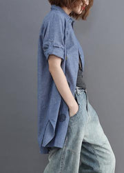 diy blue embroidery top silhouette lapel Midi shirts - SooLinen