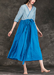 diy blaues Leinen Kleiderschränke Fashion Catwalk V-Ausschnitt Patchwork Tunika Sommerkleider