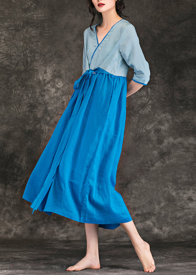 diy blaues Leinen Kleiderschränke Fashion Catwalk V-Ausschnitt Patchwork Tunika Sommerkleider