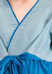 diy blue linen Wardrobes Fashion Catwalk v neck patchwork tunic Summer Dresses