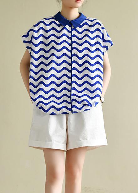 diy blue striped shirts women lapel women blouses - SooLinen