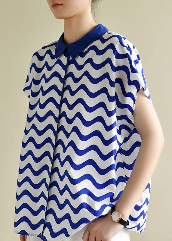 diy blue striped shirts women lapel women blouses - SooLinen