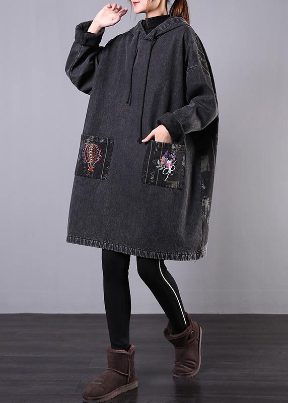 diy denim black embroidery Plus Size casual coats women hooded patchwork jackets - SooLinen