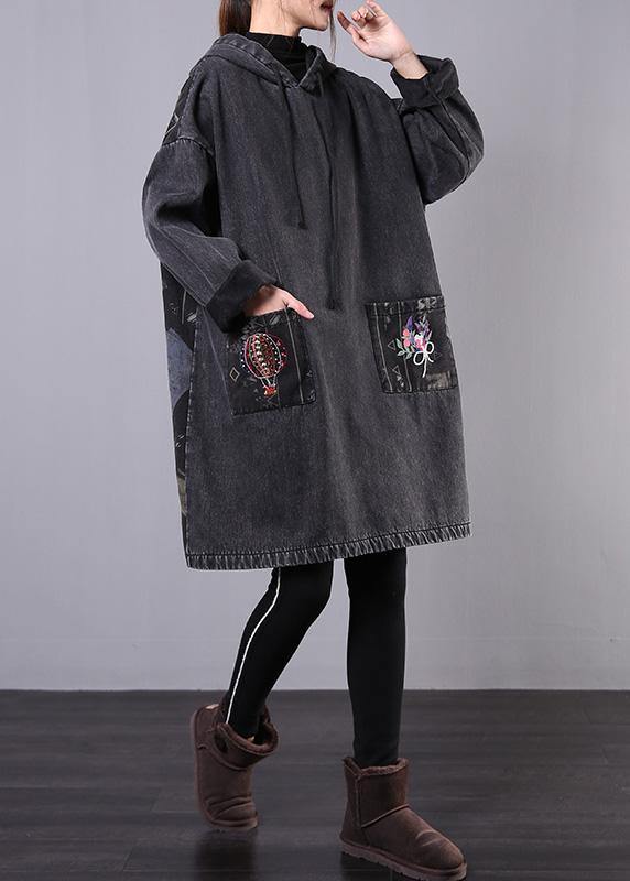 diy denim black embroidery Plus Size casual coats women hooded patchwork jackets - SooLinen