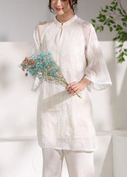 diy flare sleeve linen stand collar clothes Sleeve white embroidery Dress - SooLinen