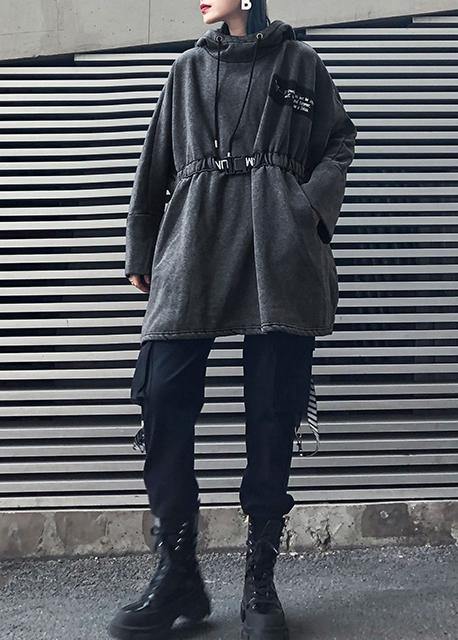 diy gray cotton tunic pattern hooded drawstring Plus Size Clothing tops - SooLinen