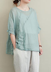 diy green linen tops o neck Ruffles oversized blouses - SooLinen