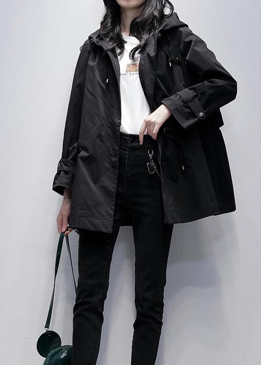 diy hooded drawstring Fine coat for woman black baggy outwear - SooLinen