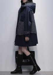diy hooded patchwork Fine tunics for women navy baggy coats - SooLinen