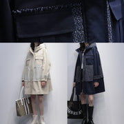 diy hooded patchwork Fine tunics for women navy baggy coats - SooLinen
