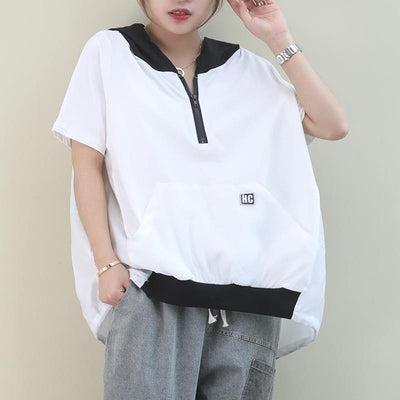 diy hooded patchwork cotton summerclothes Work Outfits white tops - SooLinen