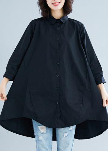diy lapel asymmetric cotton linen clothes For Women black daily shirt - SooLinen