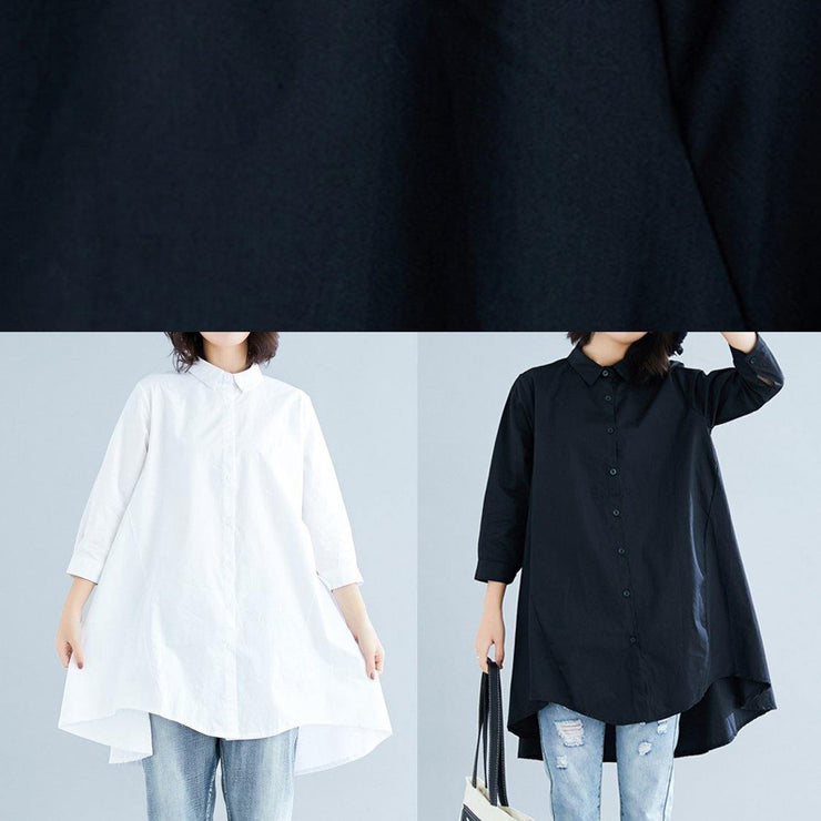 diy lapel asymmetric cotton linen clothes For Women black daily shirt - SooLinen