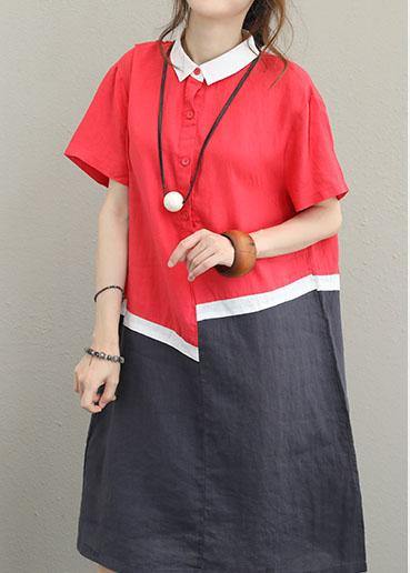 diy lapel patchwork linen Robes Christmas Gifts red Dress – SooLinen