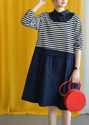 diy navy striped cotton box dress lapel false two pieces Midi fall dress - SooLinen