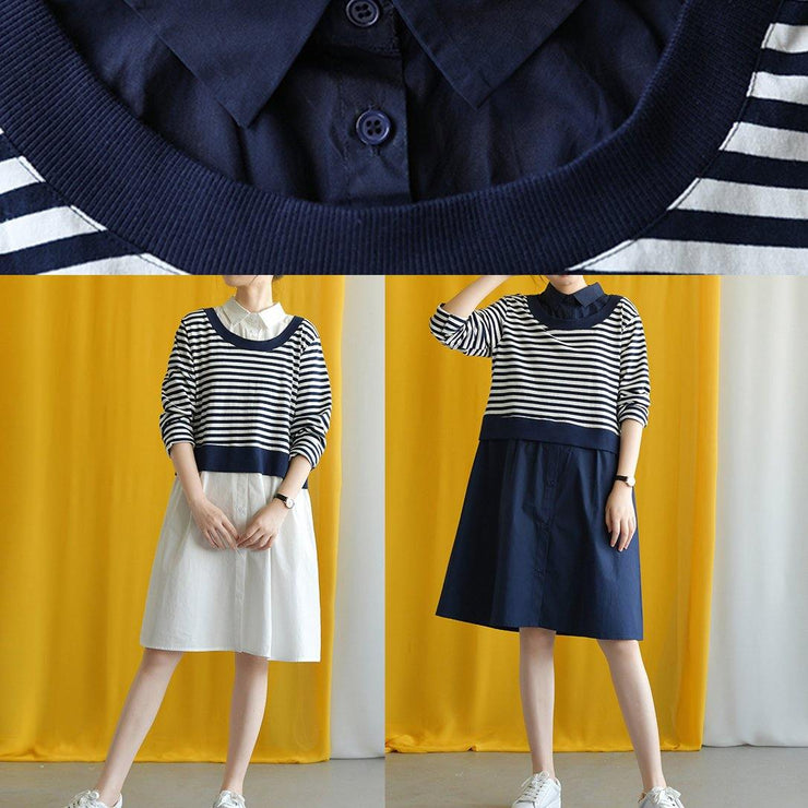 diy navy striped cotton box dress lapel false two pieces Midi fall dress - SooLinen