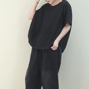 diy o neck Batwing Sleeve cotton summer top Inspiration black shirt - SooLinen