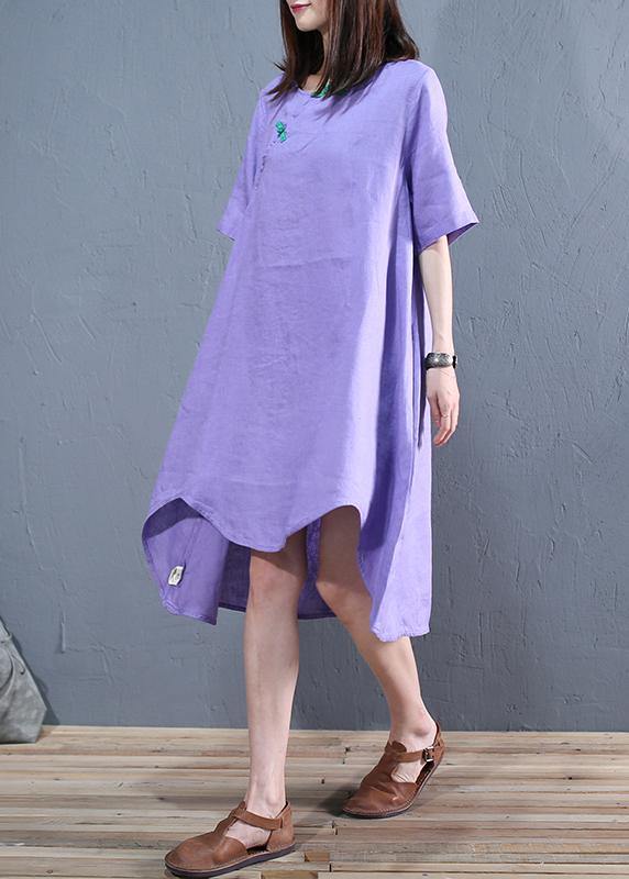diy o neck asymmetric linen Long Shirts Work purple Dresses - SooLinen