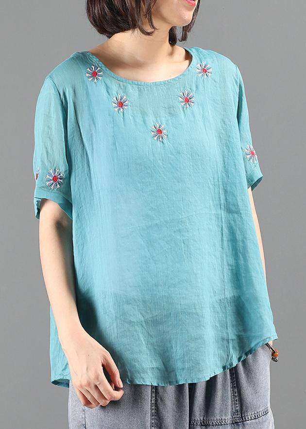 diy o neck clothes For Women blue embroidery short blouse - SooLinen