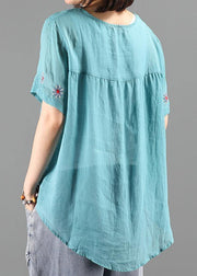 diy o neck clothes For Women blue embroidery short blouse - SooLinen