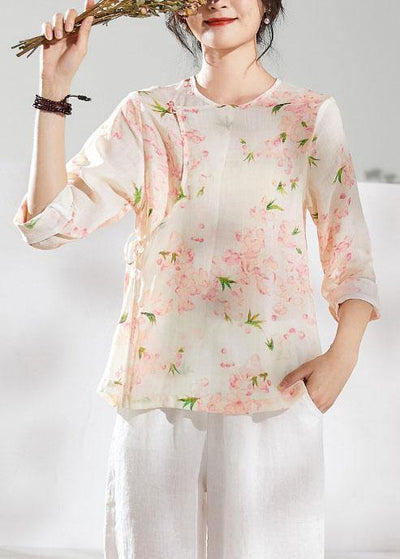 diy o neck half sleeve linen blouses for women Shirts pink print tops - SooLinen