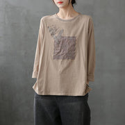 diy o neck patchwork shirts Tunic Tops khaki blouse - SooLinen