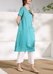 diy o neck tassel linen Robes Catwalk green embroidery Dresses - SooLinen