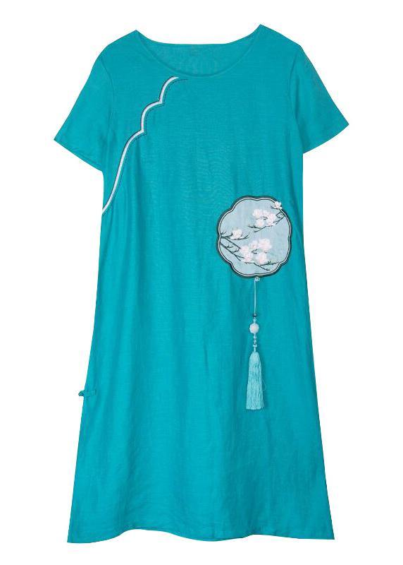 diy o neck tassel linen Robes Catwalk green embroidery Dresses - SooLinen