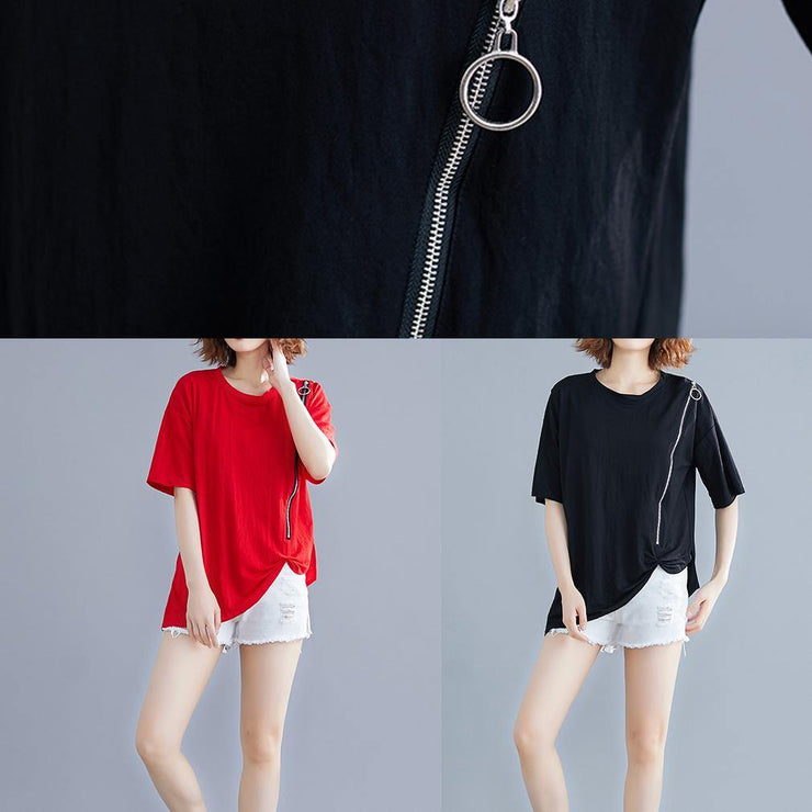 diy o neck zippered cotton Blouse Work black shirt summer - SooLinen