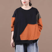 diy orange tops women o neck patchwork short fall shirts - SooLinen