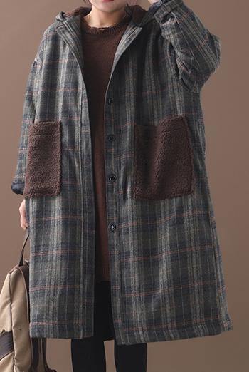 diy patchwork pockets fine hooded maxi coat green plaid tunic jackets - SooLinen