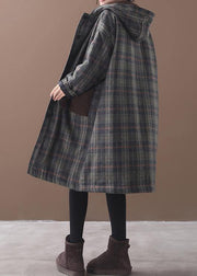 diy patchwork pockets fine hooded maxi coat green plaid tunic jackets - SooLinen